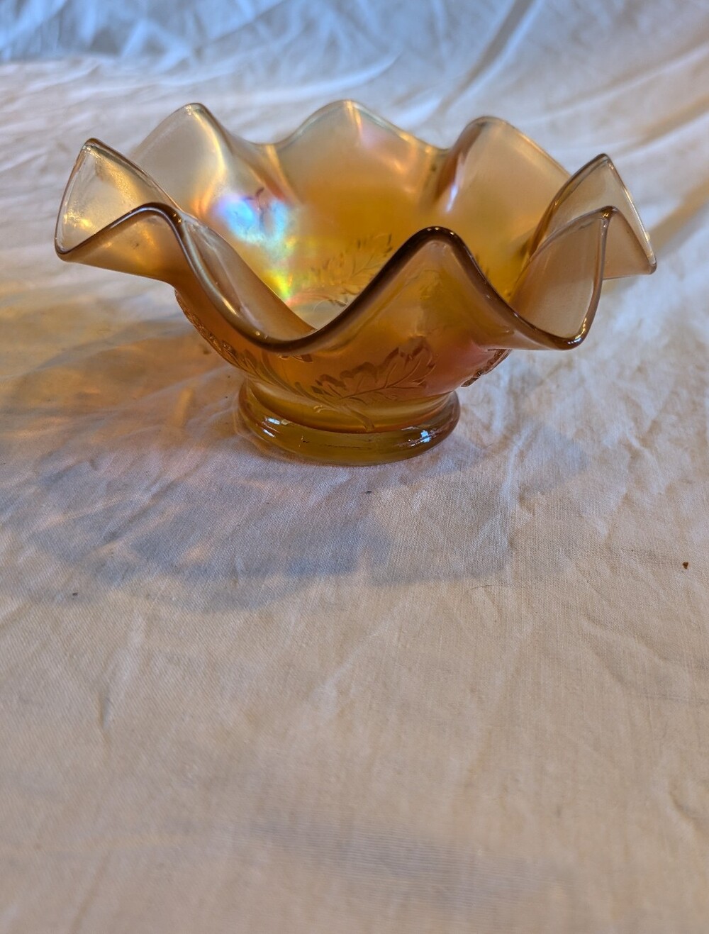 2/60$ Vintage Iridescent Amber Ruffled Glass Bowl